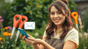 A lawn care professional holding a smartphone with an envelope icon, surrounded by greenery and gardening tools, representing personalized email marketing.